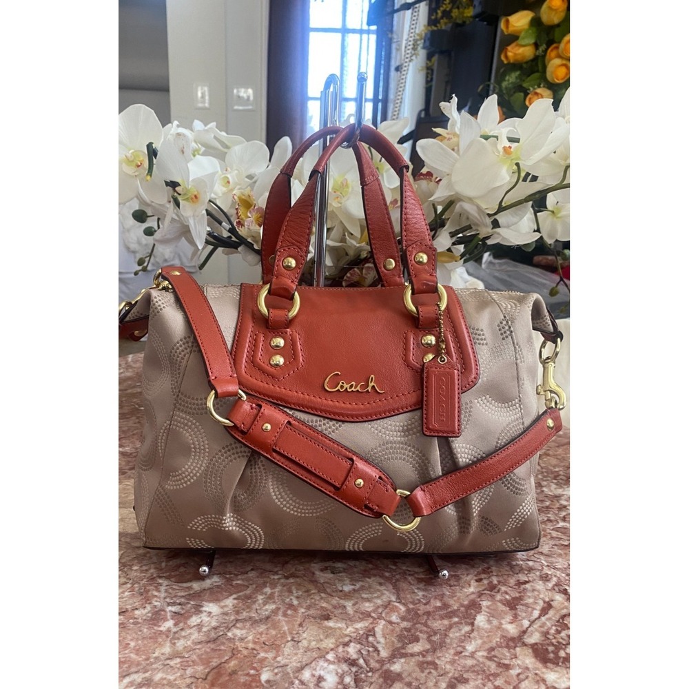 Coach Ashley Dotted Op Art Beige Orange Carryall Satchel F20027 EUC! MSRP $398